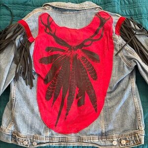 Red and Black Jean Jacket with Fringe